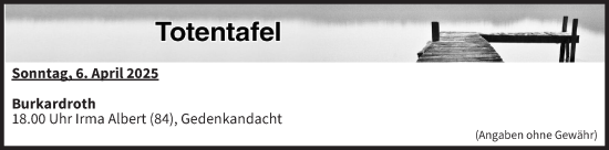 Anzeige von Totentafel vom 05.04.2025 von MGO