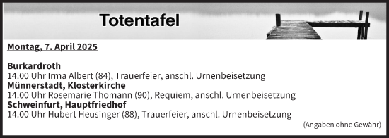 Anzeige von Totentafel vom 07.04.2025 von MGO