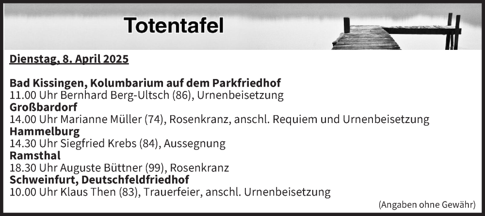  Traueranzeige für Totentafel vom 08.04.2025 vom 08.04.2025 aus MGO