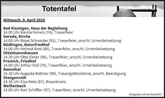Anzeige von Totentafel vom 09.04.2025 von MGO