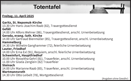Anzeige von Totentafel vom 11.04.2025 von MGO