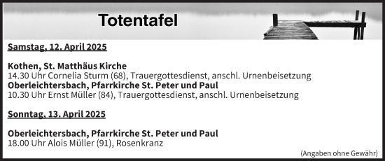 Anzeige von Totentafel vom 12.04.2025 von MGO