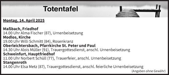 Anzeige von Totentafel vom 14.04.2025 von MGO