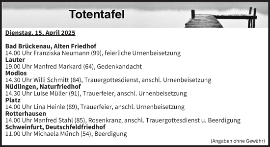 Anzeige von Totentafel vom 15.04.2025 von MGO