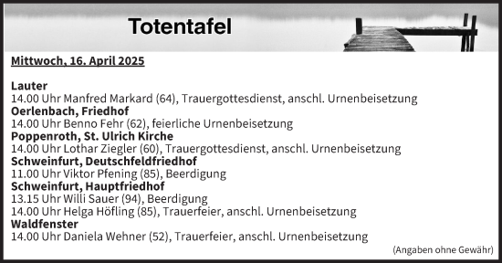 Anzeige von Totentafel vom 16.04.2025 von MGO