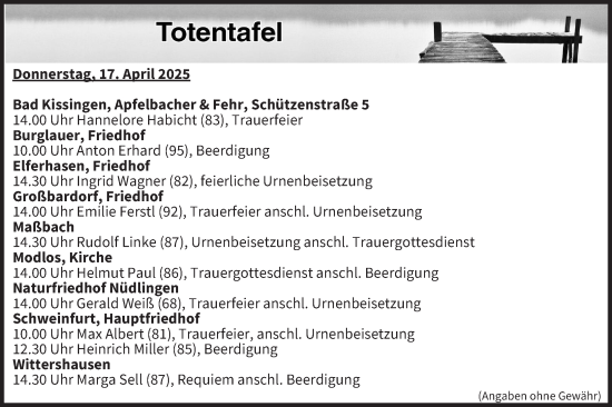 Anzeige von Totentafel vom 17.04.2025 von MGO