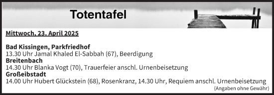 Anzeige von Totentafel vom 23.04.2025 von MGO