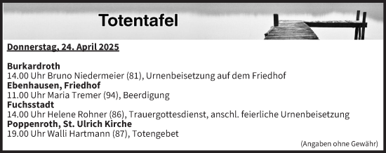 Anzeige von Totentafel vom 24.04.2025 von MGO