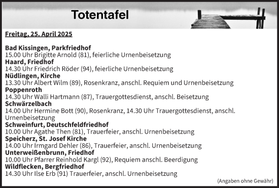 Anzeige von Totentafel vom 25.04.2025 von MGO