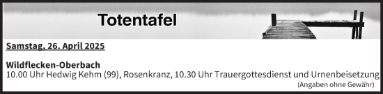 Anzeige von Totentafel vom 26.04.2025 von MGO