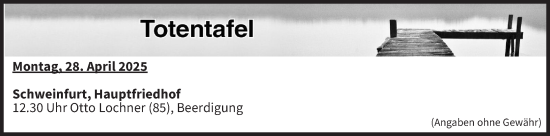 Anzeige von Totentafel vom 28.04.2025 von MGO
