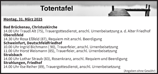 Anzeige von Totentafel vom 31.03.2025 von MGO