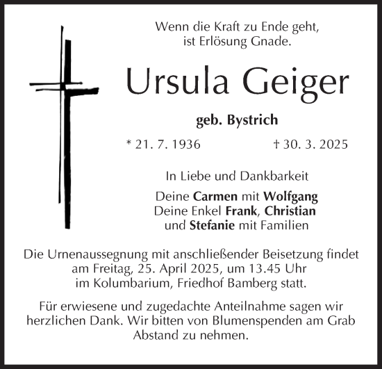 Anzeige von Ursula Geiger von MGO