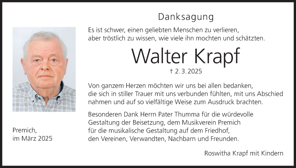  Traueranzeige für Walter Krapf vom 12.04.2025 aus MGO
