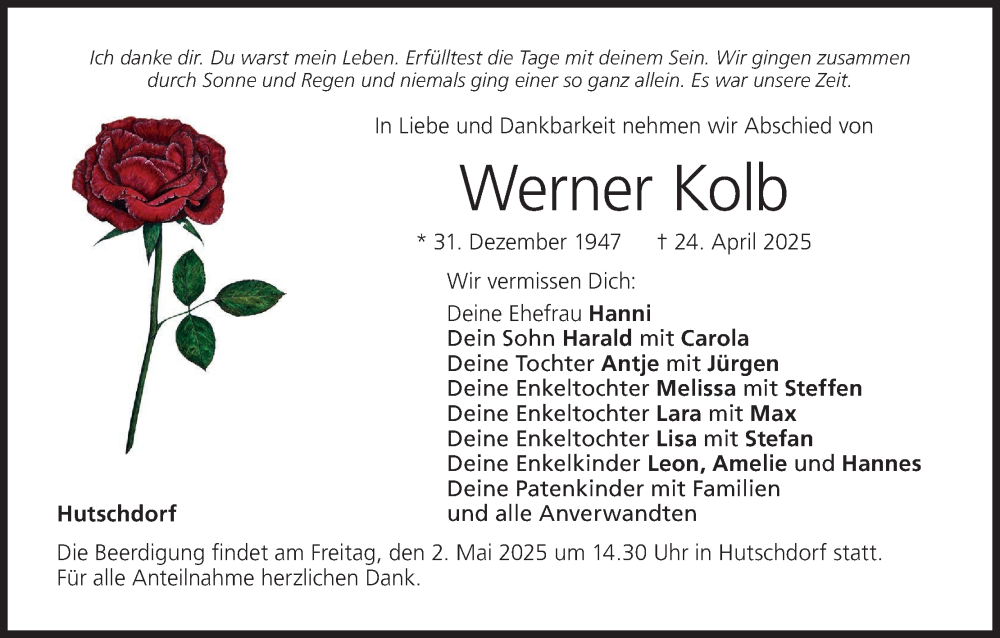  Traueranzeige für Werner Kolb vom 29.04.2025 aus MGO
