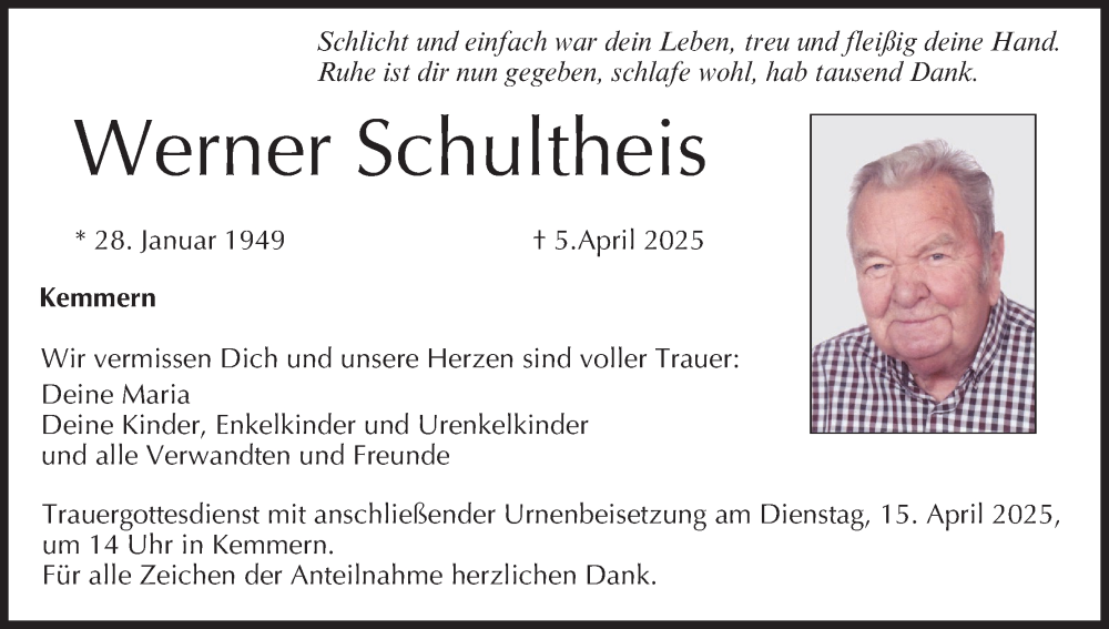  Traueranzeige für Werner Schultheis vom 12.04.2025 aus MGO