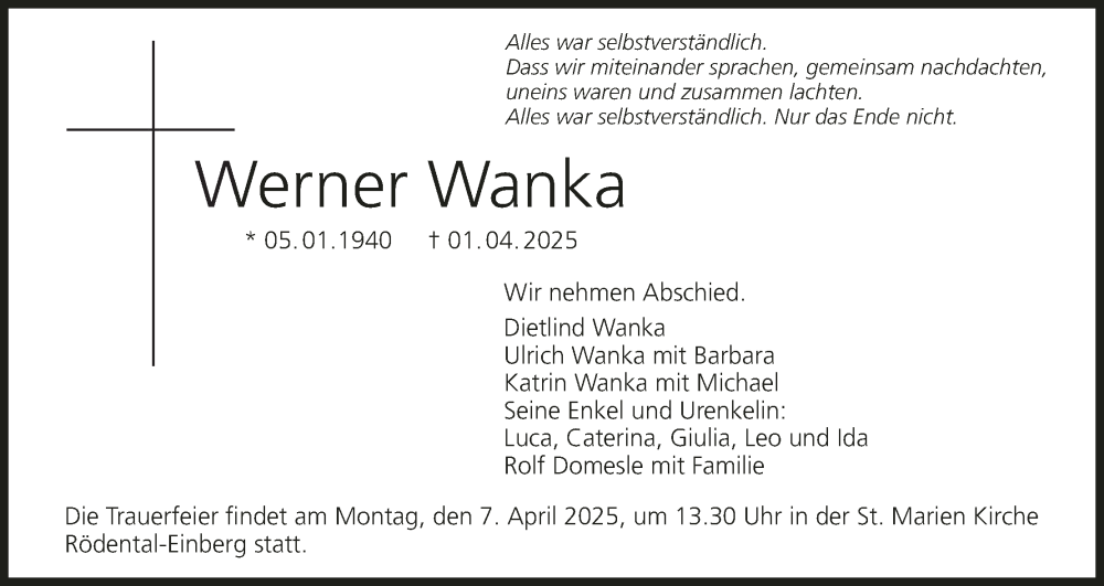  Traueranzeige für Werner Wanka vom 05.04.2025 aus MGO