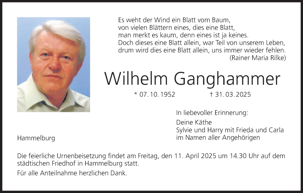  Traueranzeige für Wilhelm Ganghammer vom 05.04.2025 aus MGO