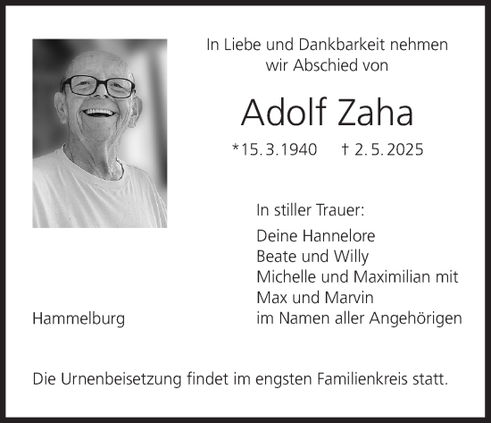Anzeige von Adolf Zaha von MGO