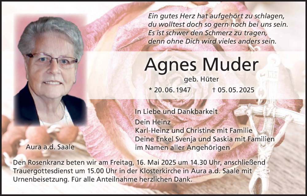 Traueranzeige für Agnes Muder vom 10.05.2025 aus MGO