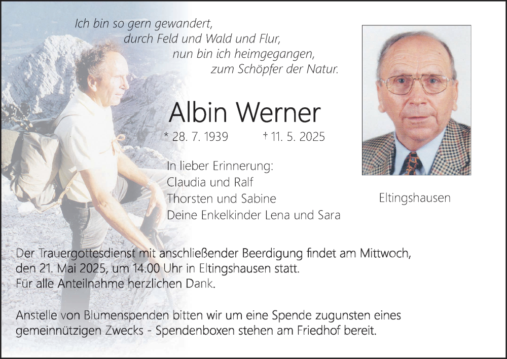  Traueranzeige für Albin Werner vom 17.05.2025 aus MGO