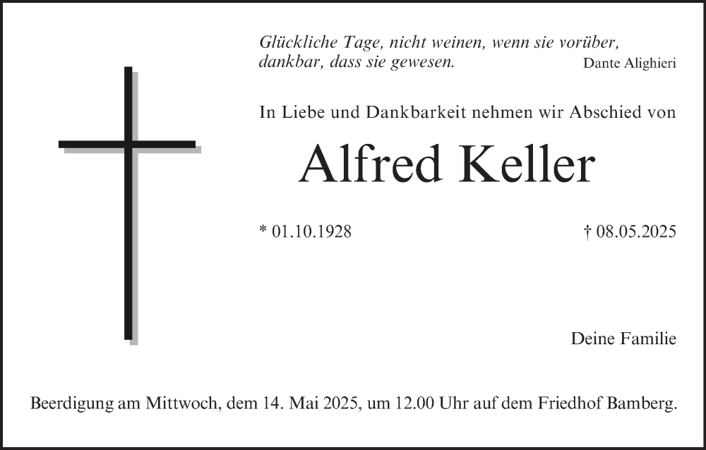  Traueranzeige für Alfred Keller vom 10.05.2025 aus MGO