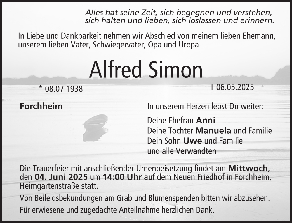  Traueranzeige für Alfred Simon vom 31.05.2025 aus MGO
