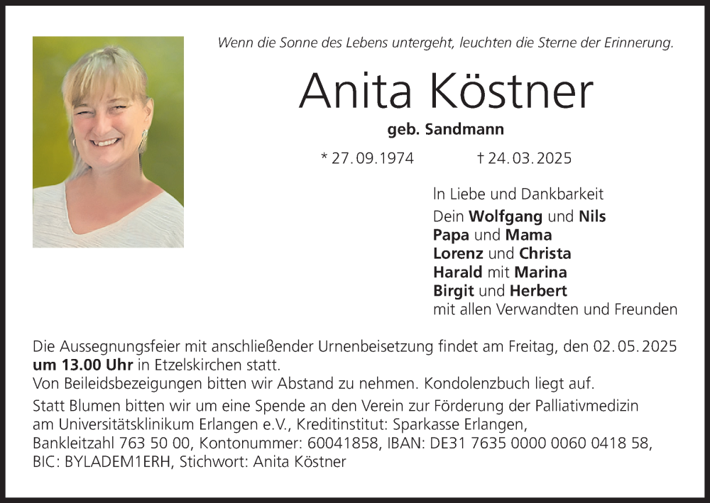  Traueranzeige für Anita Köstner vom 30.04.2025 aus MGO