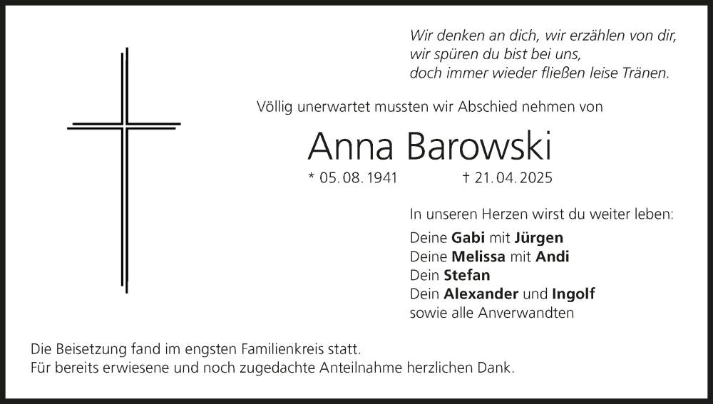  Traueranzeige für Anna Barowski vom 10.05.2025 aus MGO