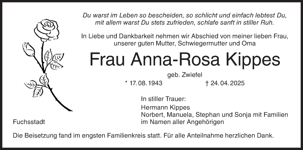 Traueranzeige für Anna-Rosa Kippes vom 10.05.2025 aus MGO