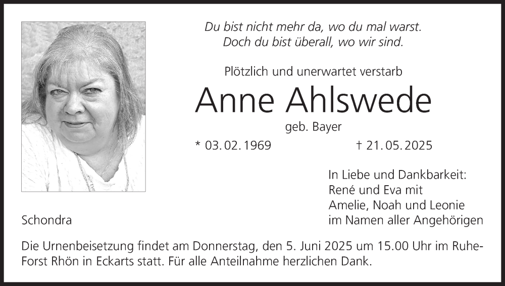  Traueranzeige für Anne Ahlswede vom 31.05.2025 aus MGO