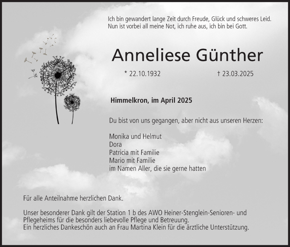  Traueranzeige für Anneliese Günther vom 30.04.2025 aus MGO