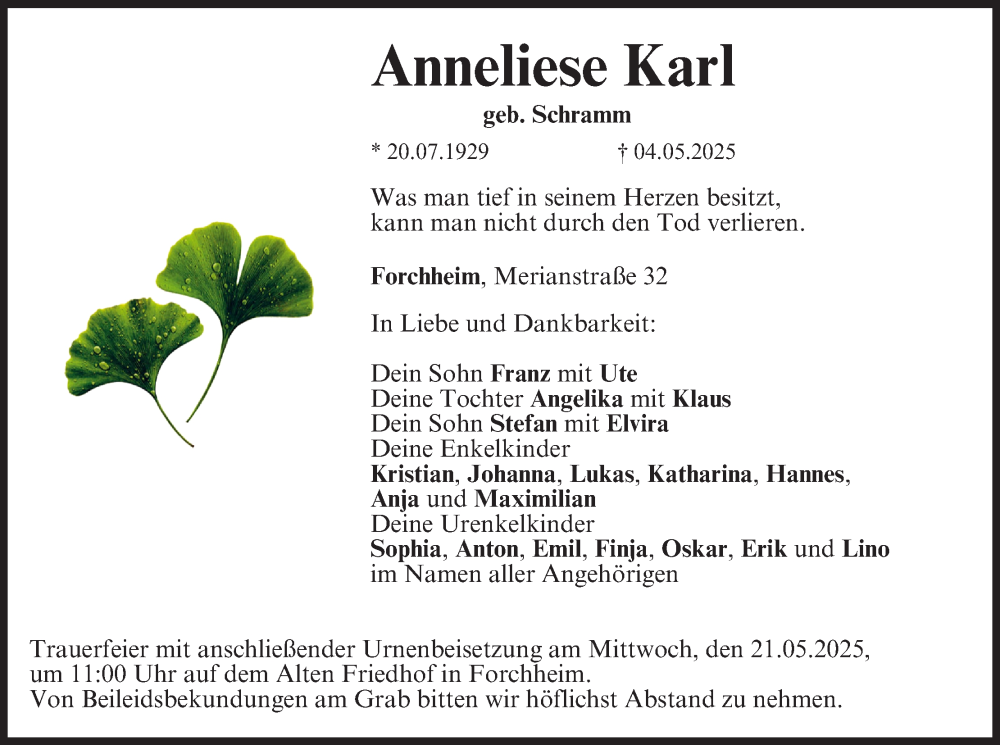  Traueranzeige für Anneliese Karl vom 17.05.2025 aus MGO