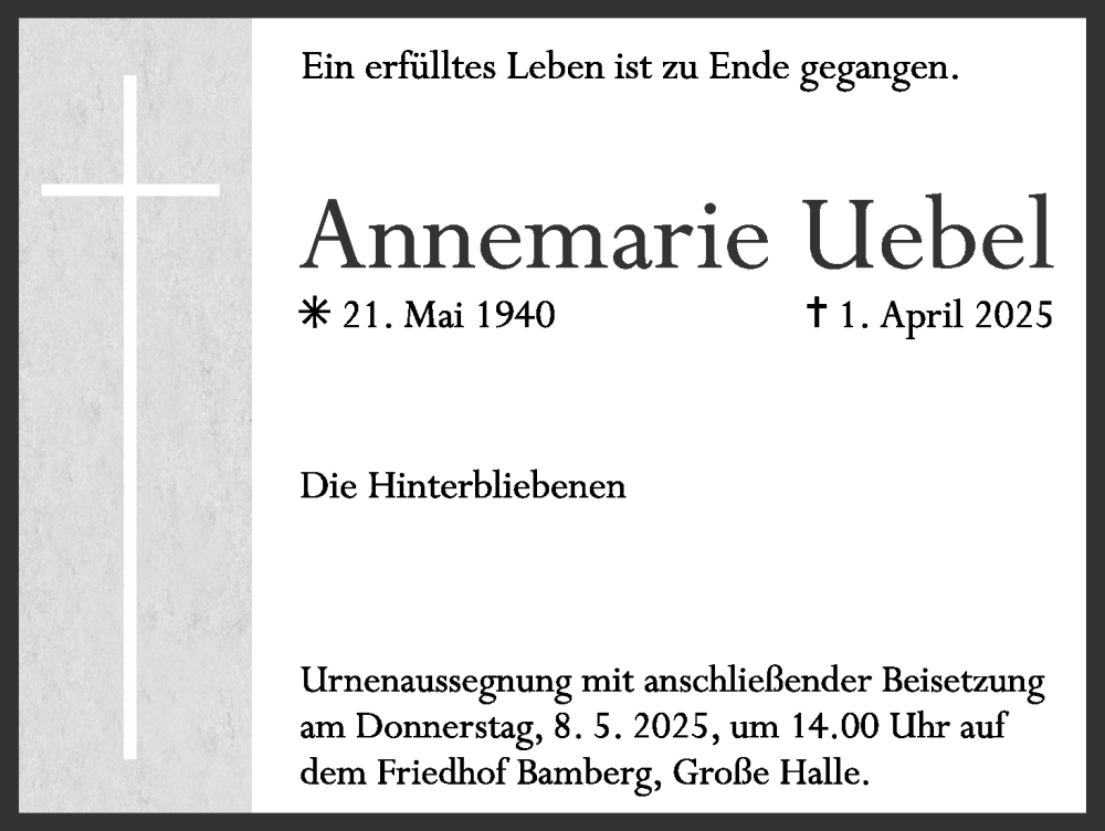  Traueranzeige für Annemarie Uebel vom 03.05.2025 aus MGO
