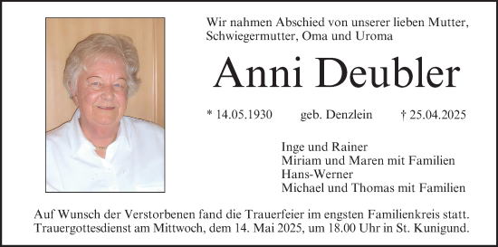 Anzeige von Anni Deubler von MGO