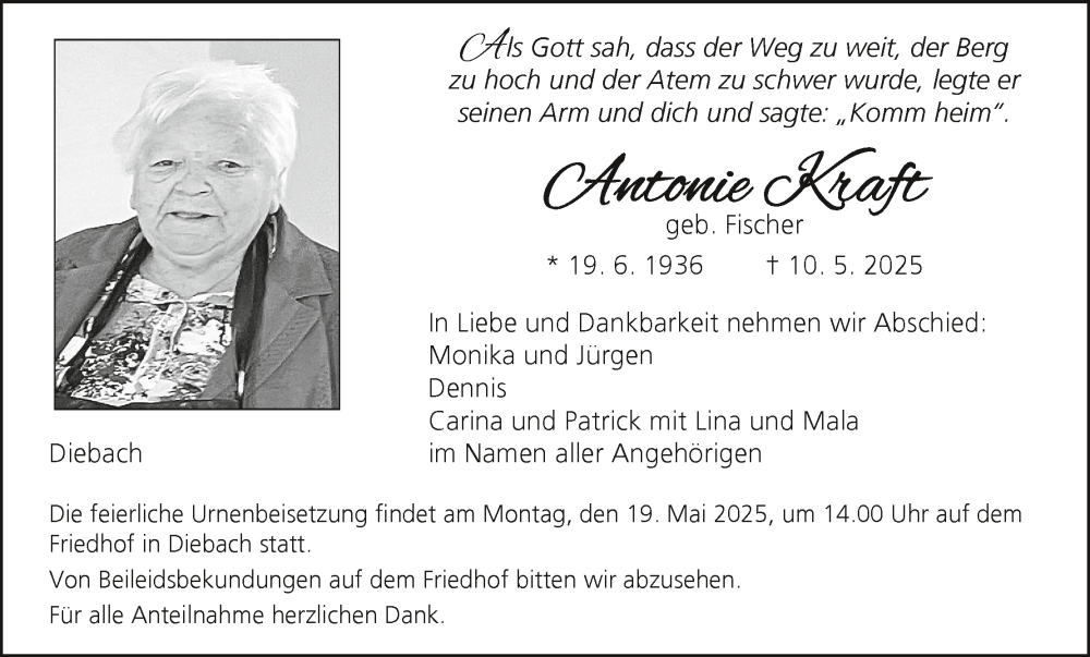  Traueranzeige für Antonie Kraft vom 17.05.2025 aus MGO