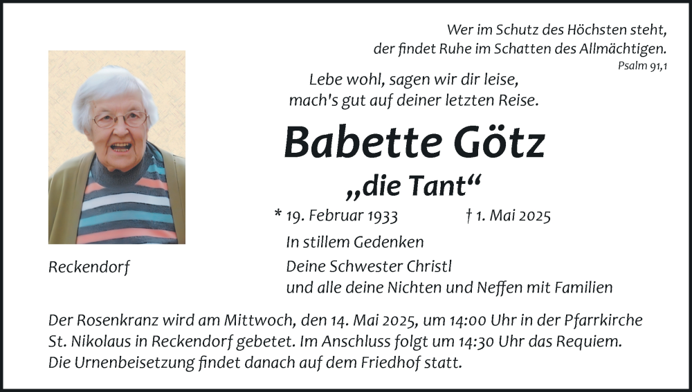  Traueranzeige für Babette Götz vom 10.05.2025 aus MGO