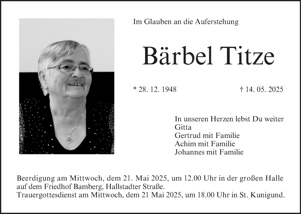  Traueranzeige für Bärbel Titze vom 17.05.2025 aus MGO