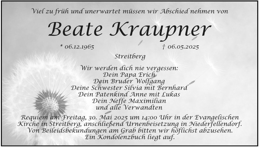  Traueranzeige für Beate Kraupner vom 21.05.2025 aus MGO