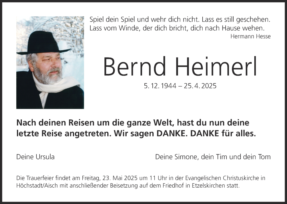  Traueranzeige für Bernd Heimerl vom 17.05.2025 aus MGO