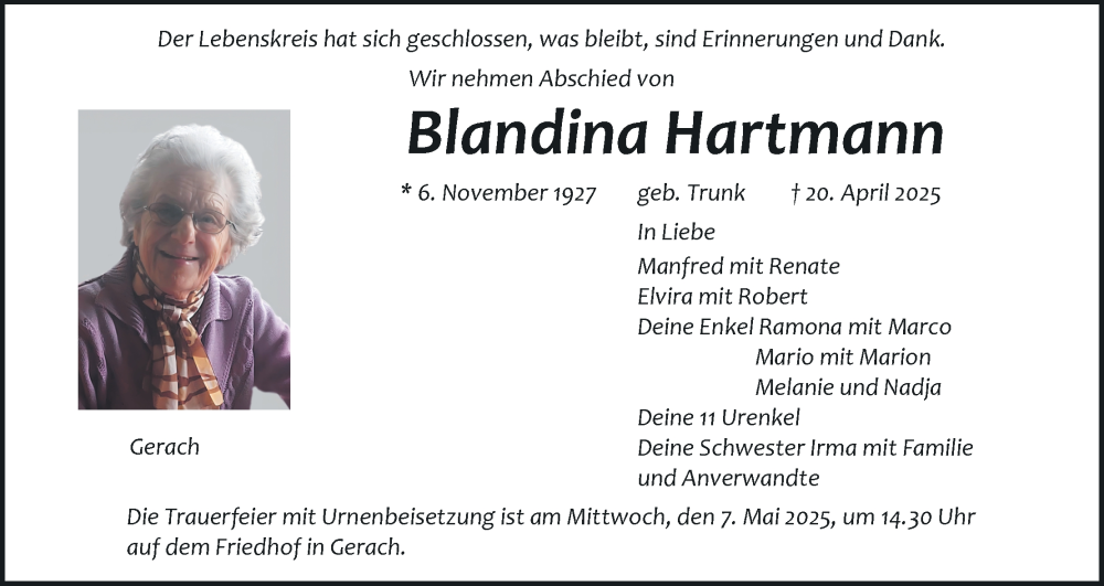  Traueranzeige für Blandina Hartmann vom 02.05.2025 aus MGO
