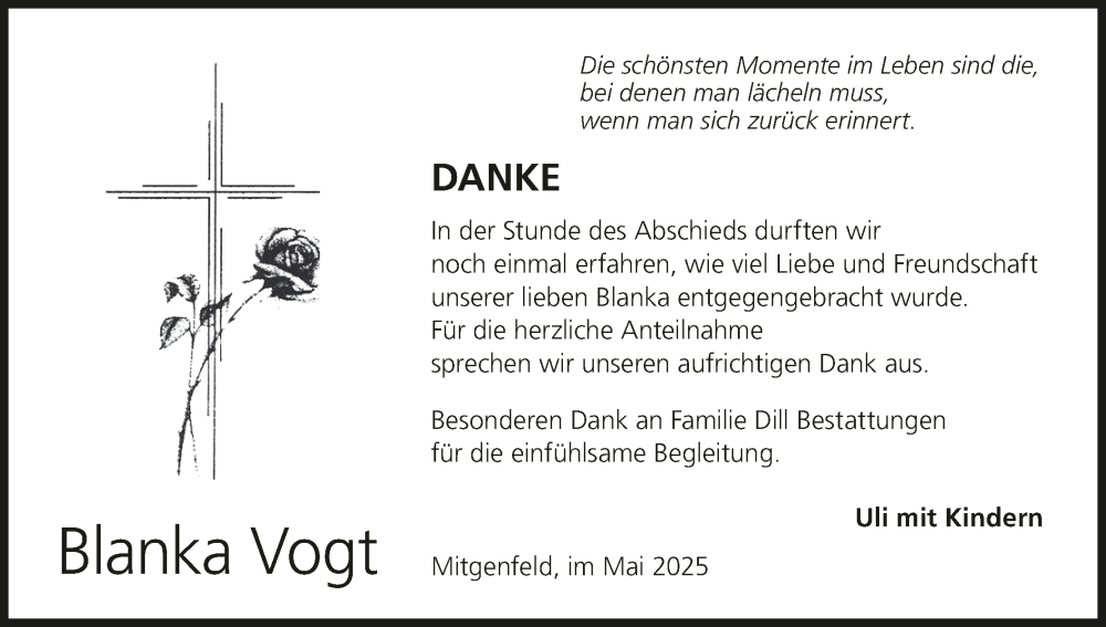  Traueranzeige für Blanka Vogt vom 03.05.2025 aus MGO