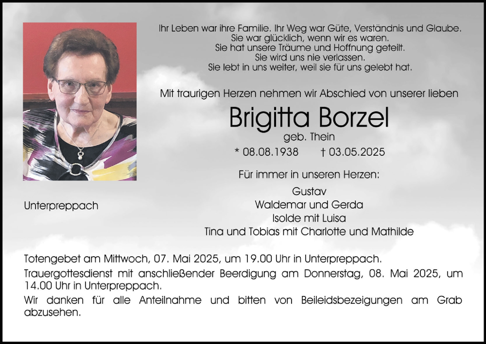  Traueranzeige für Brigitta Borzel vom 06.05.2025 aus MGO