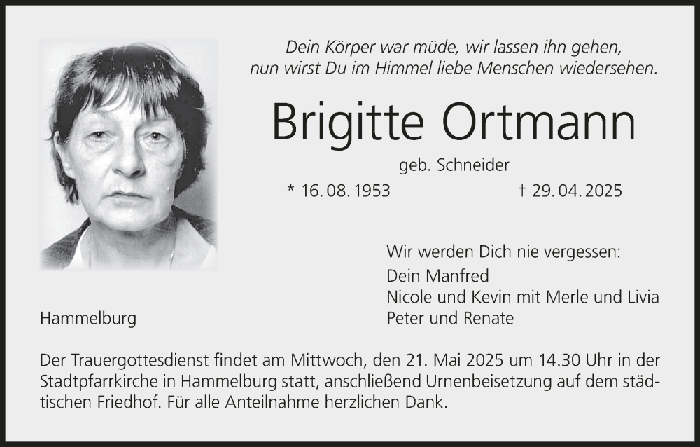  Traueranzeige für Brigitte Ortmann vom 17.05.2025 aus MGO