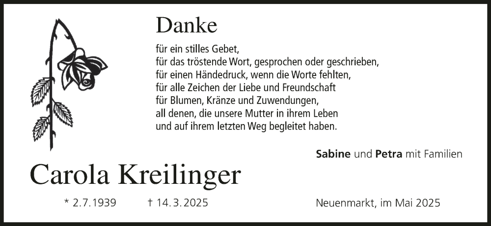  Traueranzeige für Carola Kreilinger vom 02.05.2025 aus MGO