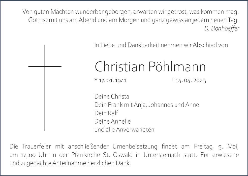  Traueranzeige für Christian Pöhlmann vom 03.05.2025 aus MGO