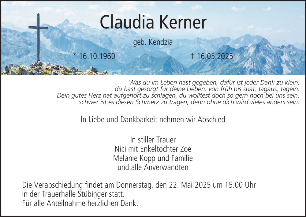  Traueranzeige für Claudia Kerner vom 20.05.2025 aus MGO
