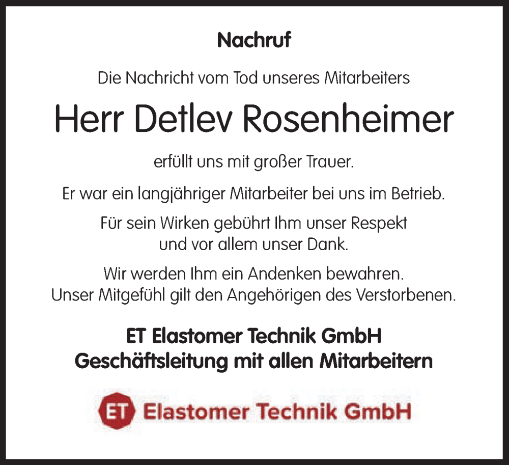  Traueranzeige für Detlev Rosenheimer vom 02.05.2025 aus MGO