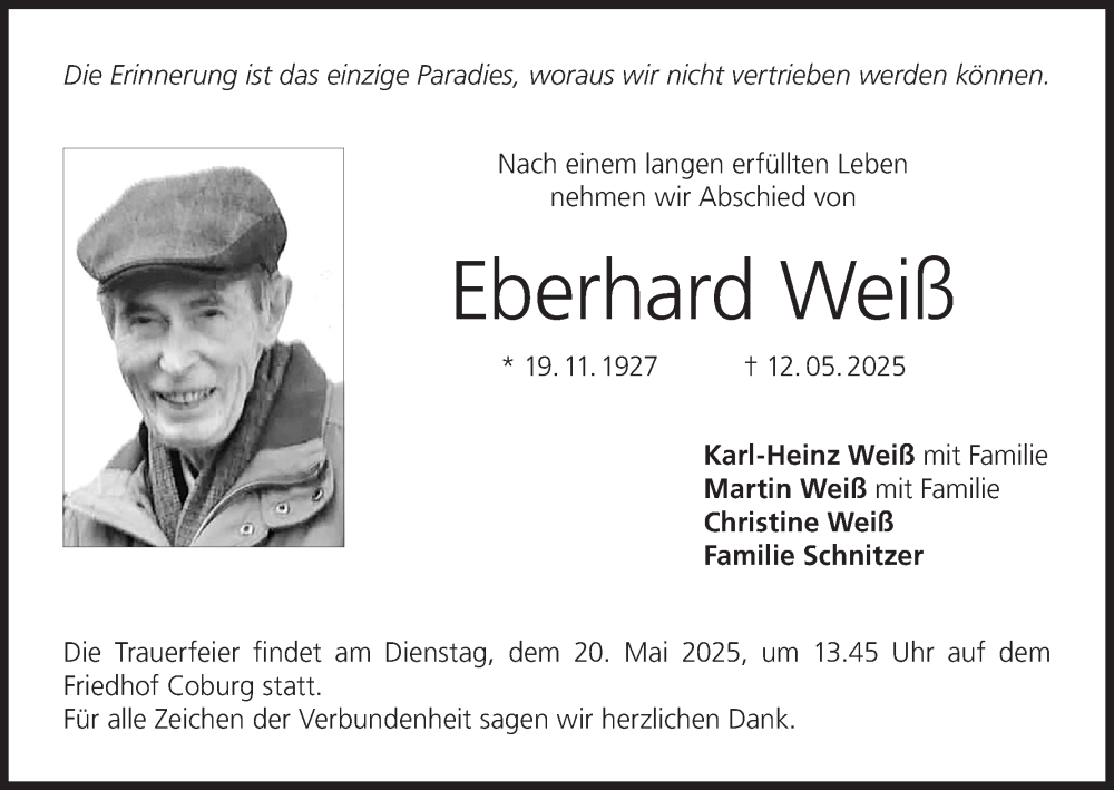  Traueranzeige für Eberhard Weiß vom 17.05.2025 aus MGO