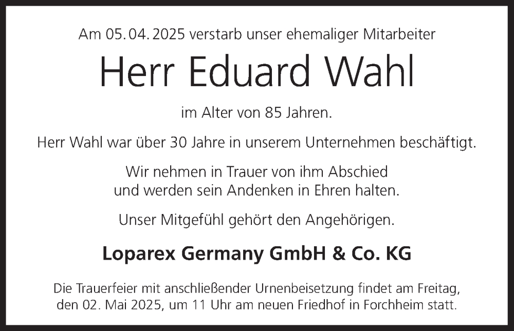  Traueranzeige für Eduard Wahl vom 30.04.2025 aus MGO